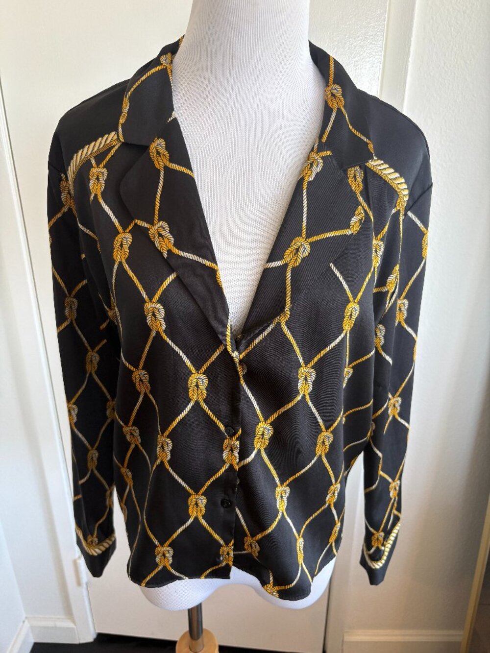 Zara TRF Black Gold Equestrian Rope Print Blouse Size M